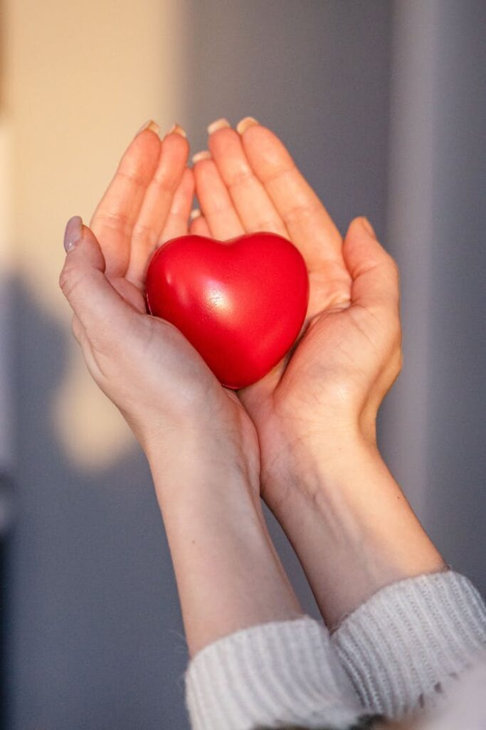 Close-up of hands gently cradling a red heart in warm sunlight, symbolizing love and care.